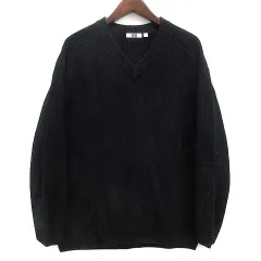 ユニクロ UNIQLO U プレミアムラム リブ Vネック ニット セーター 長袖 ブラック 黒 L 351-452649