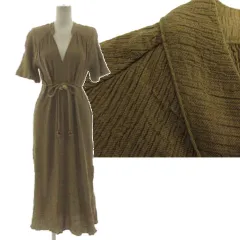 ザラ ZARA ビーズベルト付きロング丈ワンピース 3897/084/505 シワ加工 裾スリット 半袖 カーキ M