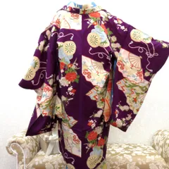 羽織 アンティーク 昔長羽織 正絹 紫×多色 扇 花車 花々 昔 レトロモダン 明治・大正ロマン ちりよけ 上着 身丈99.5cm