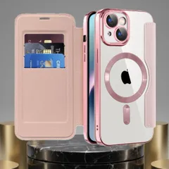 iPhone 15 ケース 手帳型 ピンク MagSafe対応 カード収納 レザー調