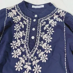 ANOTHER EDITION 刺繍ワンピース ネイビー コットン フレア ひざ丈 花柄刺繍 半袖 ゆったり きれいめ ナチュラル 春夏 アローズ系 インド製