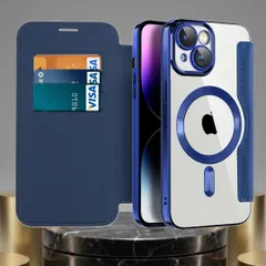 iPhone 15 ケース 手帳型 ネイビーブルー MagSafe対応 カード収納 レザー調