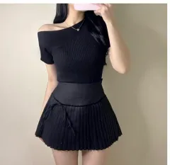 新品 リブ セクシー 斜めボーダー ブラック オフショルダー 半袖 ニット