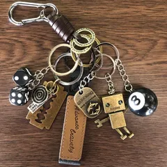 キーホルダー レトロ アメカジ ビンテージ 古着 ストリート ジャラジャラ ダイス 本革 ステンレス カラビナ ロボット ad-001