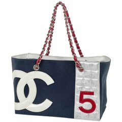 샤넬 CHANEL 초코 바 체인 토트 백 코코 마크 No5 핸드백 토트 백 캔버스 네이비 화이트 레드 여성 [중고]