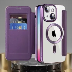 iPhone 15 ケース 手帳型 パープル MagSafe対応 カード収納 レザー調