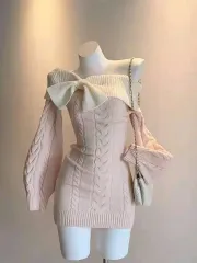 新品/*即発送* ヒップリボン オフショルダー ニット ミニ ワンピース
