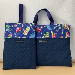 入園入学2点セット　りんりんのハンドメイド　レッスンバッグ　上履き入れ　キルティング　働く車