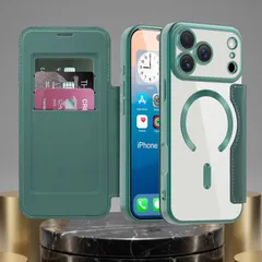 iPhone 17 Pro Max ケース 手帳型 グリーン MagSafe対応 カード収納 レザー調