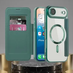 iPhone Air ケース 手帳型 グリーン MagSafe対応 カード収納 レザー調