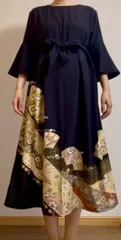 着物リメイク ワンピース黒留袖 正絹 扇子 鳳凰