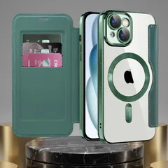 iPhone 15 ケース 手帳型 グリーン MagSafe対応 カード収納 レザー調