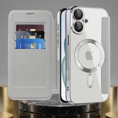 iPhone 17 ケース 手帳型 グレー×シルバー MagSafe対応 カード収納 レザー調