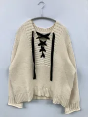 MOUSSY マウジー ニット/セーター F アイボリー コットン 無地 レース リボン ミドル丈 長袖 クルーネック(丸首)