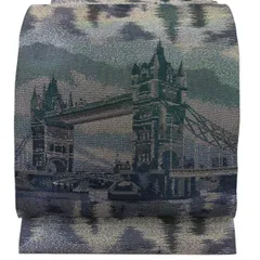 【美品】 袋帯 逸品 佐波理 落款 リニューアル 橋 風景 箔 青緑 六通 正絹 【中古】のサムネイル