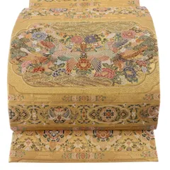 【美品】 袋帯 秀品 向かい鳥 華文 箔 唐織 金色 六通 正絹 【中古】