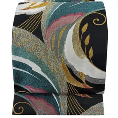 【美品】 袋帯 秀品 鳥 花唐草 金銀糸 箔 黒 六通 正絹 【中古】