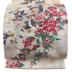 【美品】 袋帯 秀品 関西仕立て 枝花 霞 箔 唐織 クリーム 六通 正絹 【中古】