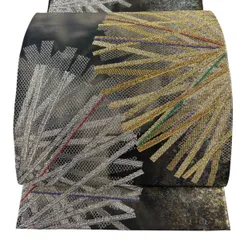 【美品】 袋帯 秀品 振袖向き 幾何学 金銀糸 箔 墨色 六通 正絹 【中古】