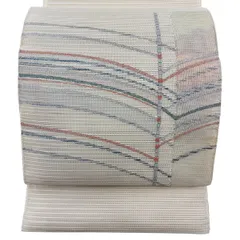【美品】 名古屋帯 秀品 夏帯 絽 八寸名古屋帯 幾何学模様 銀通し 箔 薄オレンジ 正絹 【中古】