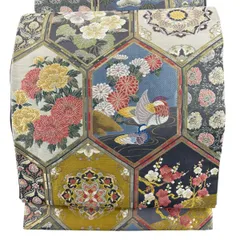 【美品】 袋帯 秀品 亀甲 花鳥 金糸 箔 灰色 六通 正絹 【中古】