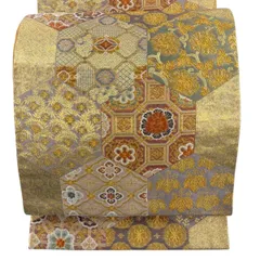 【美品】 袋帯 秀品 亀甲 草花 金糸 箔 金色 六通 正絹 【中古】