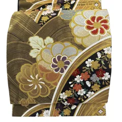 【美品】 袋帯 秀品 振袖向き 菊 枝垂れ桜 金銀糸 唐織 金色 全通 正絹 【中古】