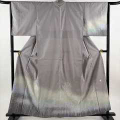 【美品】 付下げ 身丈159cm 裄丈64cm M 袷 紬地 落款 樹木 ぼかし 灰紫 正絹 名品 【中古】