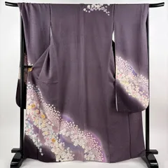 振袖 身丈167.5cm 裄丈68cm L 袷 桜 楓 金糸 銀通し 灰紫 正絹 名品 【中古】