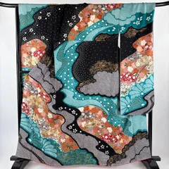 振袖 身丈161cm 裄丈70cm L 袷 松竹梅 流水 金銀彩 絞り 黒 正絹 名品 【中古】