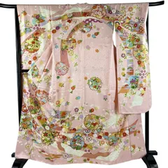 振袖 身丈165cm 裄丈67.5cm L 袷 草花 雪輪 金糸 金彩 薄ピンク 正絹 名品 【中古】
