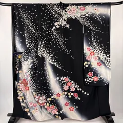 振袖 身丈163.5cm 裄丈69cm L 袷 花丸文 桜 金彩 ぼかし 黒 正絹 名品 【中古】