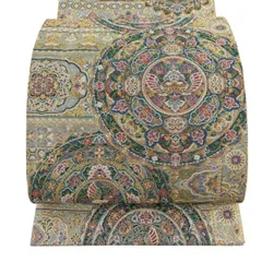 【美品】 袋帯 名品 華文 向かい鳥 金糸 刺繍 灰緑 お太鼓柄 正絹 【中古】