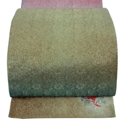 【美品】 袋帯 名品 落款 関西仕立て 草花 ワンポイント柄 金糸 螺鈿 鶯色 六通 正絹 【中古】