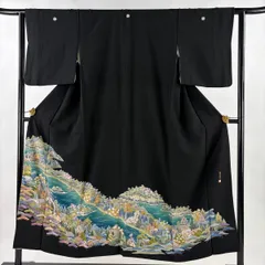 黒留袖 身丈151.5cm 裄丈62cm S 袷 落款 水辺の風景 樹木 麗光刺繍 金糸 黒 正絹 秀品 【中古】