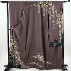 振袖 身丈164cm 裄丈66cm M 袷 鈴乃屋 桜 花びら 金糸 金彩 茶紫 正絹 名品 【中古】