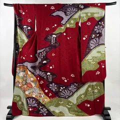 振袖 身丈169cm 裄丈68cm L 袷 鈴乃屋 御所車 草花 金糸 金彩 赤 正絹 秀品 【中古】