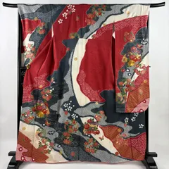 振袖 身丈163.5cm 裄丈67cm M 袷 花丸文 檜扇 金糸 金彩 赤 正絹 秀品 【中古】