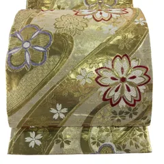 【美品】 袋帯 秀品 振袖向き 桜 金糸 箔 金色 六通 正絹 【中古】