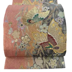 袋帯 秀品 振袖向き 蝶 梅 金銀糸 箔 オレンジ 六通 正絹 【中古】