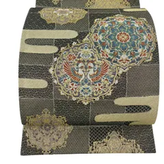 【美品】 袋帯 秀品 華文 向かい鳥 金糸 墨色 六通 正絹 【中古】