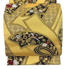 【美品】 袋帯 秀品 花鳥 束ね熨斗 金糸 刺繍 金色 六通 正絹 【中古】
