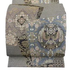 【美品】 袋帯 秀品 向かい鳥 華文 金糸 刺繍 灰色 六通 正絹 【中古】
