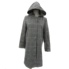 グローバルワーク GLOBAL WORK ノーカラーコート ロング丈 グレンチェック柄 フード付き 2way L グレー /YS3
