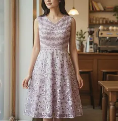 極美品 トッカ 花柄ワンピース 総刺繍 Aライン ノースリーブ オーガンジー レース パープル TOCCA レディース B2015