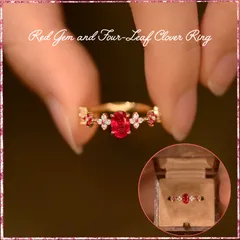 レトロで軽くて豪華な赤い宝石とピンクとホワイトのキュートな四葉のクローバーリング　大人可愛い
