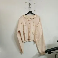 レース カラ― ピンク ニット カーディガン