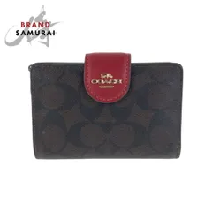 美品 COACH コーチ シグネチャー ブラウン レッド ゴールド金具 PVC/レザー C0082 折財布 コンパクトウォレット レディース 600372【中古】