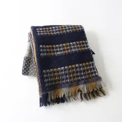 美品 石見銀山 群言堂 グンゲンドウ ウールチェックストール＼ネイビー系 ショール フリンジ マフラー【2400014829587】