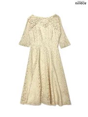 古着 花柄 総レース ロング丈 七分袖 ワンピース ベージュ (otu2601059)
